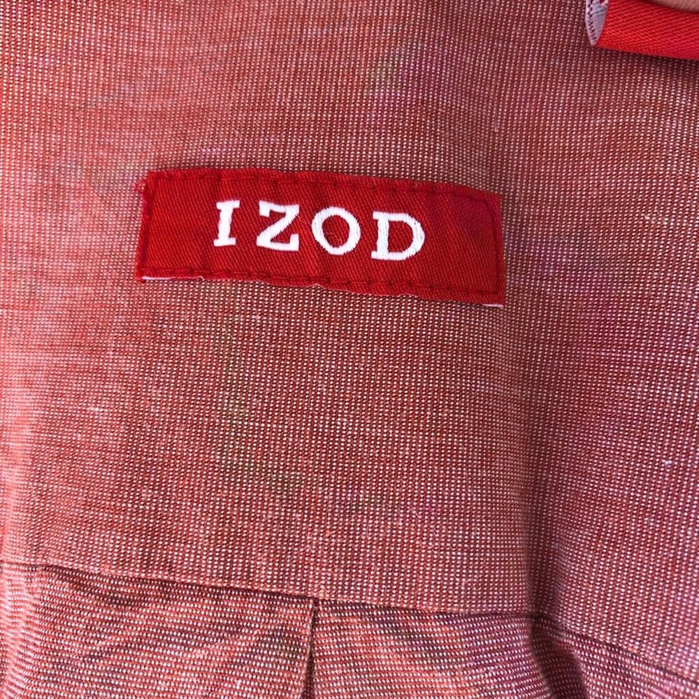 Izod Flip Cuff Button Down Shirt Men Medium Rust Red Checked Sleeves Casual - Picture 7 of 9
